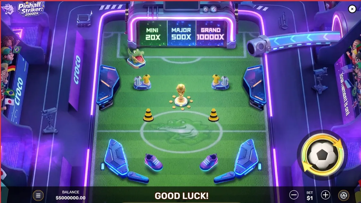 Pinball Striker 20,000x স্লট গেমের নিওন-লাইট স্টেডিয়াম এবং পিনবল অ্যাকশন