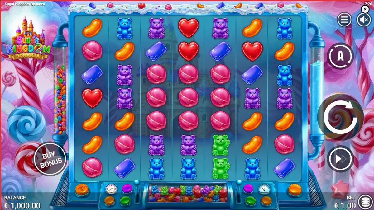 Sugar Kingdom Bonanza slot game interface showing candy symbols and multiplier features